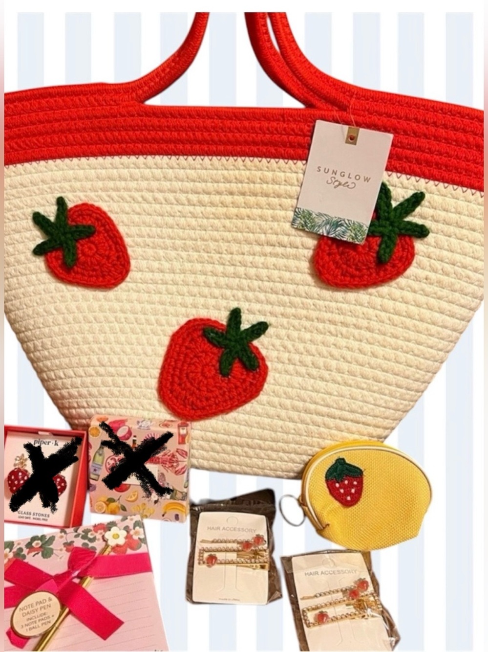 Bundle-Strawberry Tote Bag, Paper Stationery, Coin purse, Hairclips